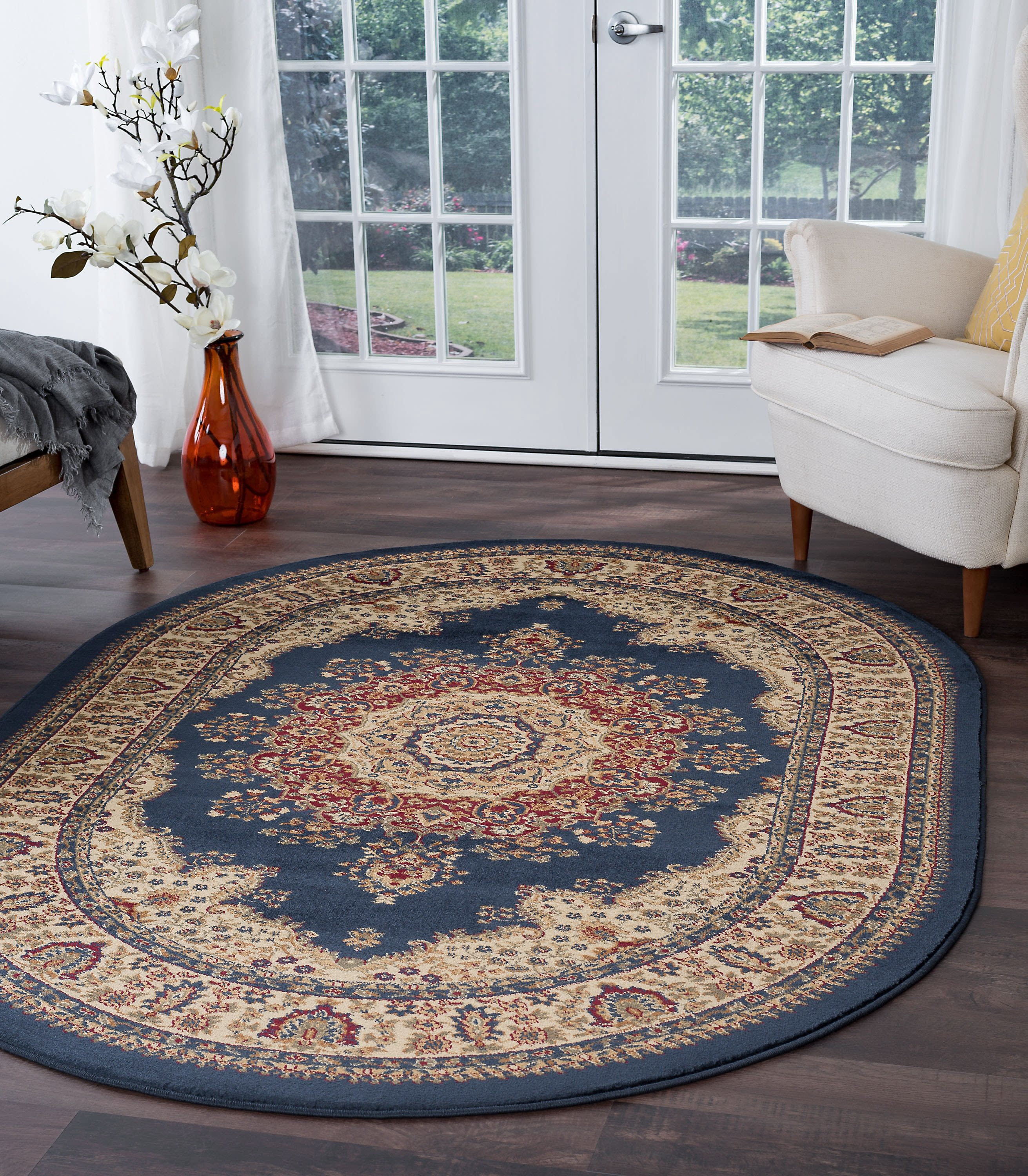 Transitional Area Rug (6'7'' x 9'6'' Oval) Border Navy, Beige Living Room Easy to Clean