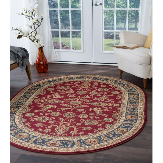 Transitional Area Rug (6'7'' x 9'6'' Oval) Border Red, Beige Living Room Easy to Clean