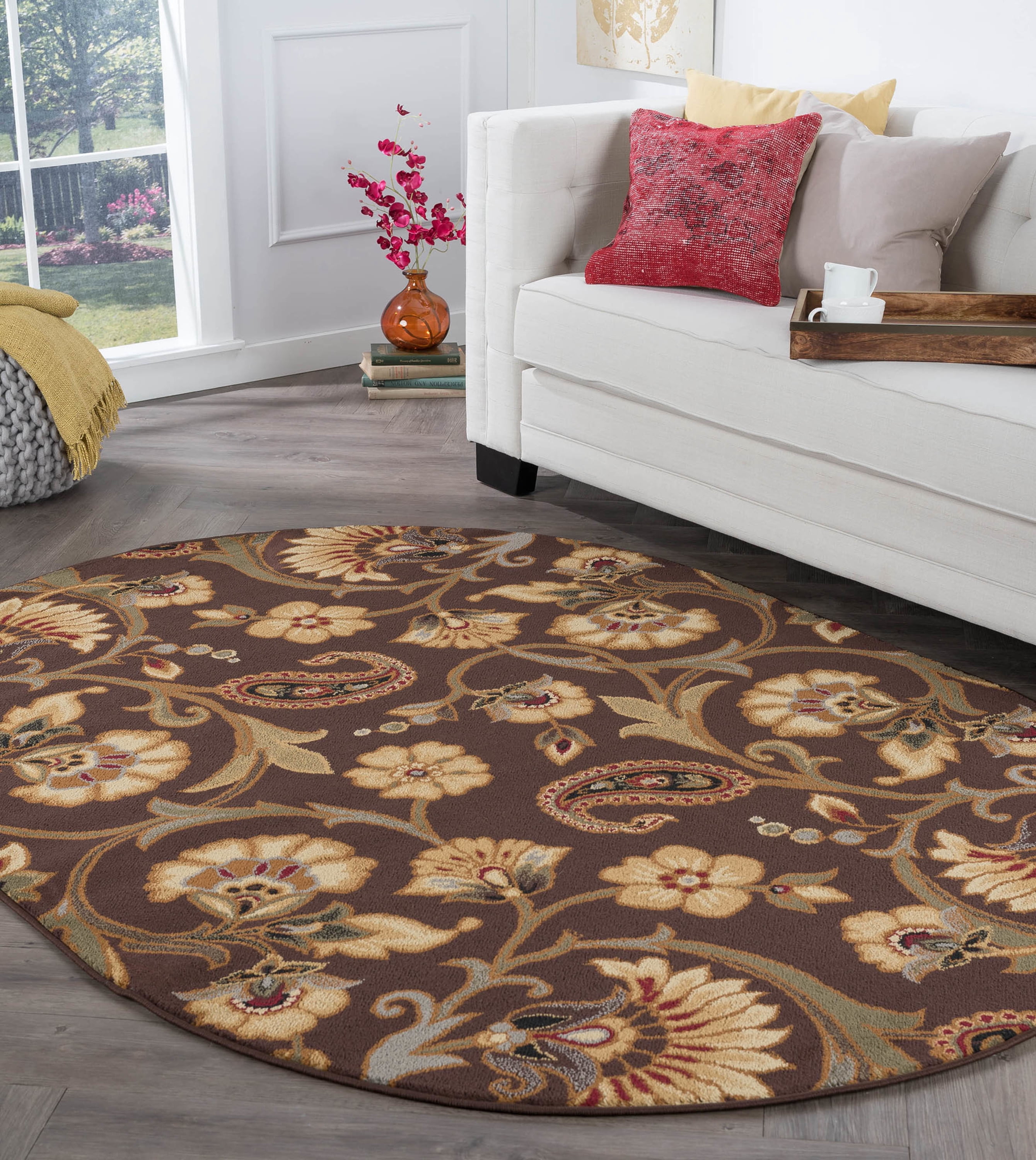 Transitional Area Rug (6'7'' x 9'6'' Oval) Floral Brown, Sage Green Living Room Easy to Clean