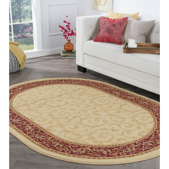 Transitional Area Rug (6'7'' x 9'6'' Oval) Oriental Beige, Red Living Room Easy to Clean
