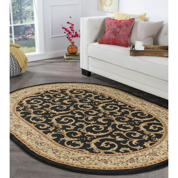 Transitional Area Rug (6'7'' x 9'6'' Oval) Oriental Black, Beige Living Room Easy to Clean