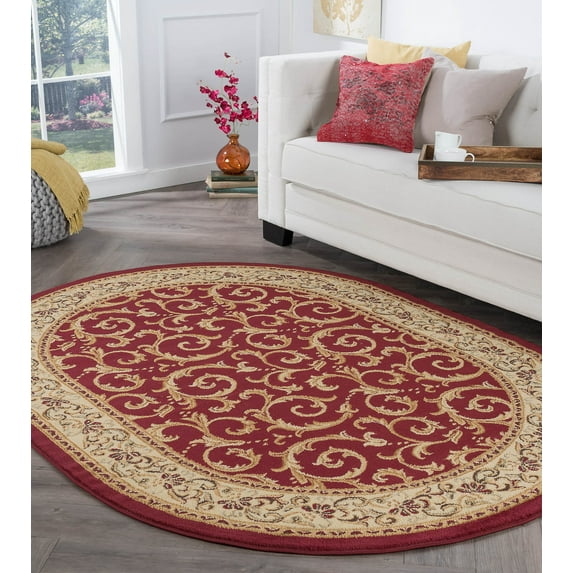 Transitional Area Rug (6'7'' x 9'6'' Oval) Oriental Red, Beige Living Room Easy to Clean