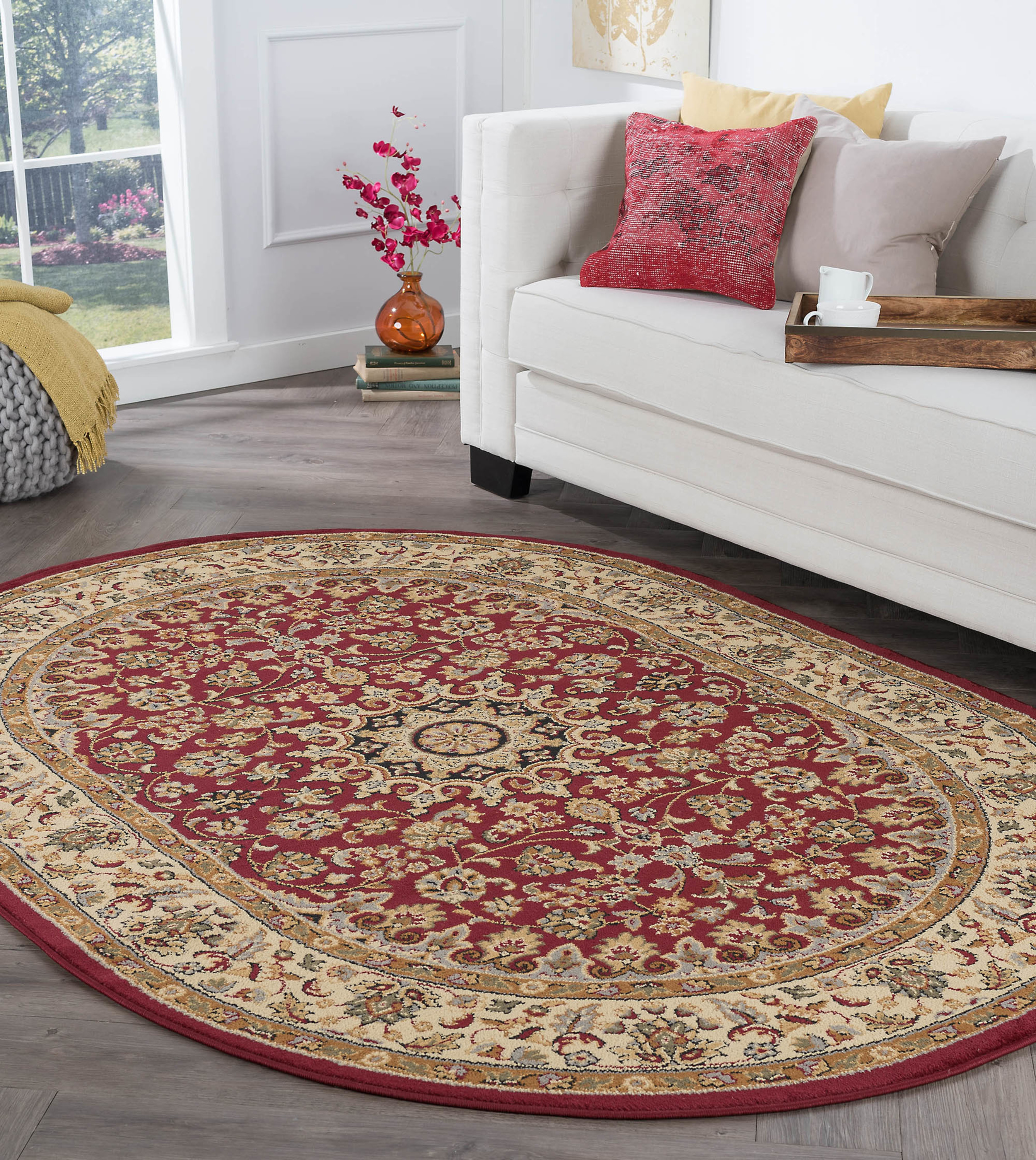 Transitional Area Rug (6'7'' x 9'6'' Oval) Oriental Red, Beige Living Room Easy to Clean