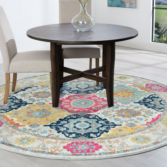 Transitional Area Rug (7'10'' Round) Border Multi-Color Indoor Round Easy to Clean