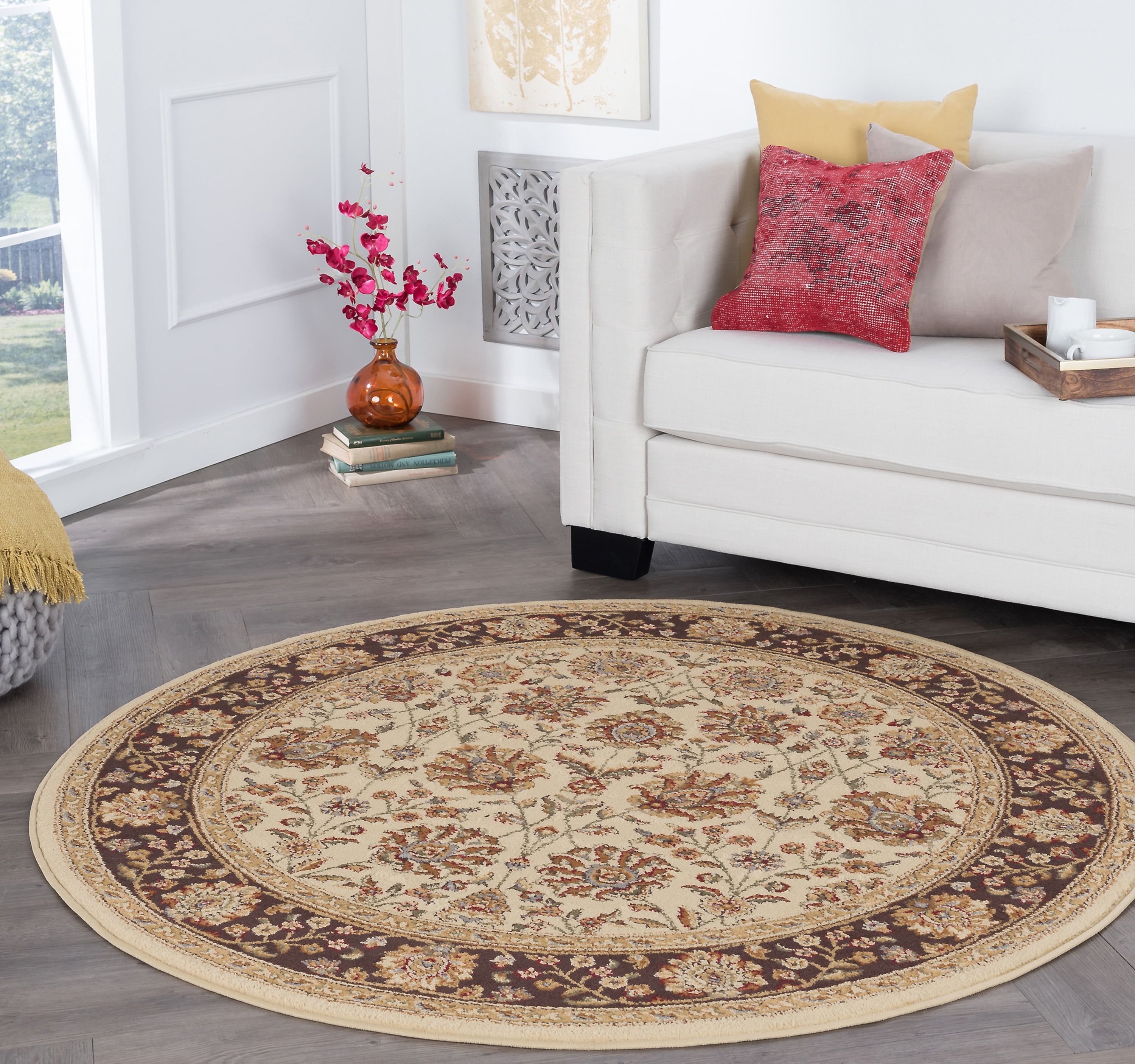 Transitional Area Rug (7'10'' Round) Floral Beige, Sage Green Indoor Round Easy to Clean