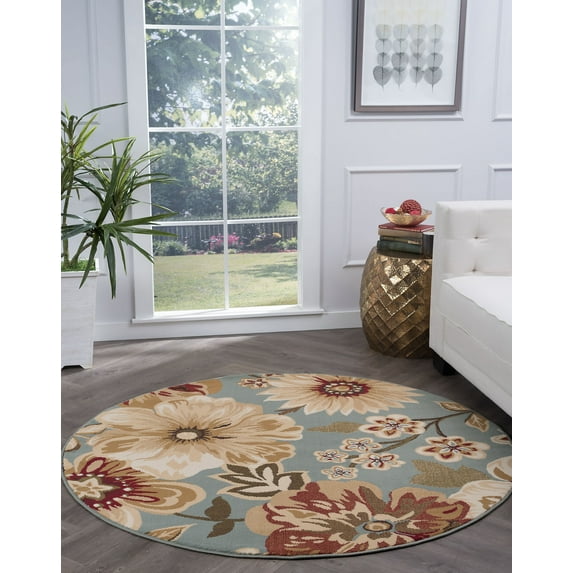 Transitional Area Rug (7'10'' Round) Floral Blue, Ivory Indoor Round Easy to Clean