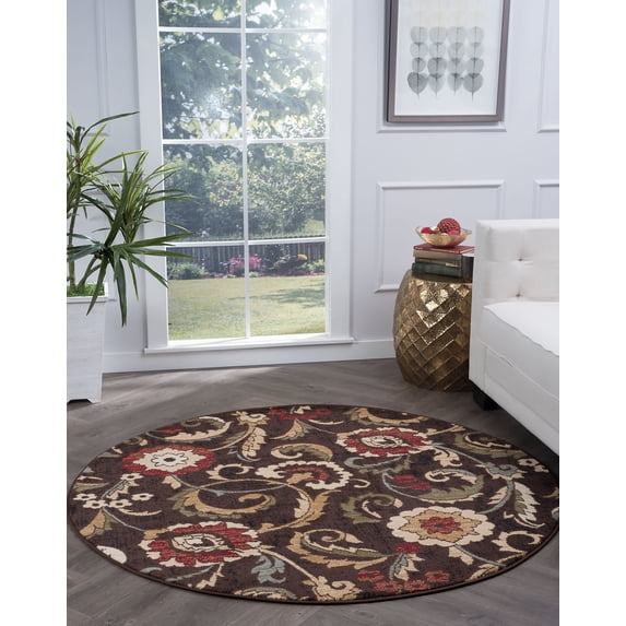 Transitional Area Rug (7'10'' Round) Floral Brown, Red Indoor Round Easy to Clean