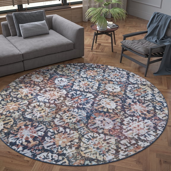 Transitional Area Rug (7'10'' Round) Floral Cream, Navy Indoor Round Easy to Clean