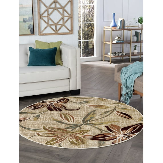 Transitional Area Rug (7'10'' Round) Floral Cream, Seafoam Indoor Round Easy to Clean