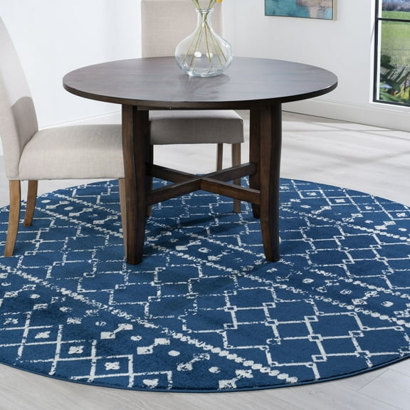 Transitional Area Rug (7'10'' Round) Geometric Navy, Gray Indoor Round Easy to Clean
