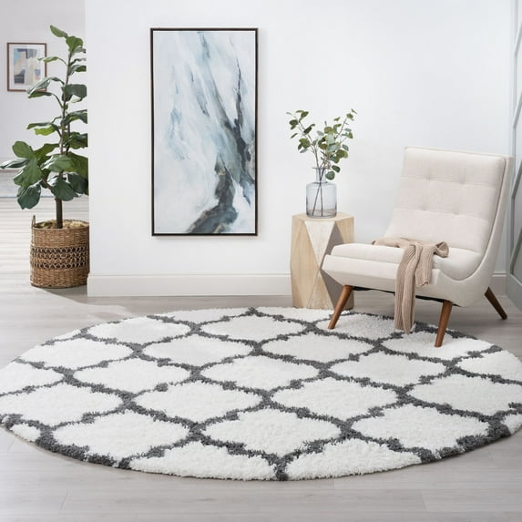 Transitional Area Rug Shag Thick (5'3'' Round) Geometric White, Gray Indoor Round Easy to Clean