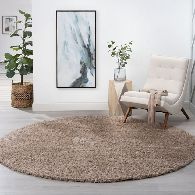 Bliss Rugs Shag Transitional Solid Round Rug for Living Room, Dining Room | Tan, 5'3''Round