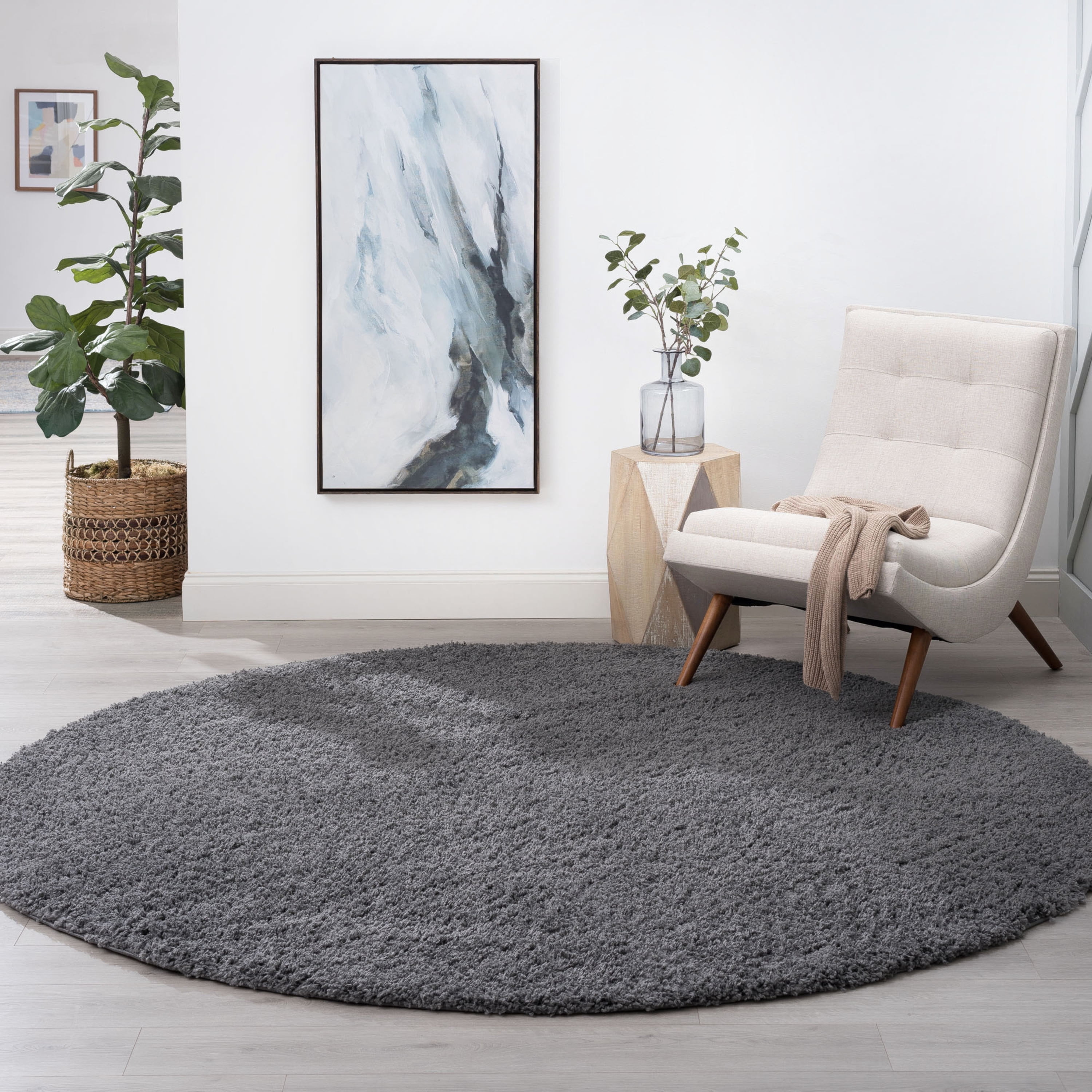 Transitional Area Rug Shag Thick (7'10'' Round) Solid Gray Indoor Round