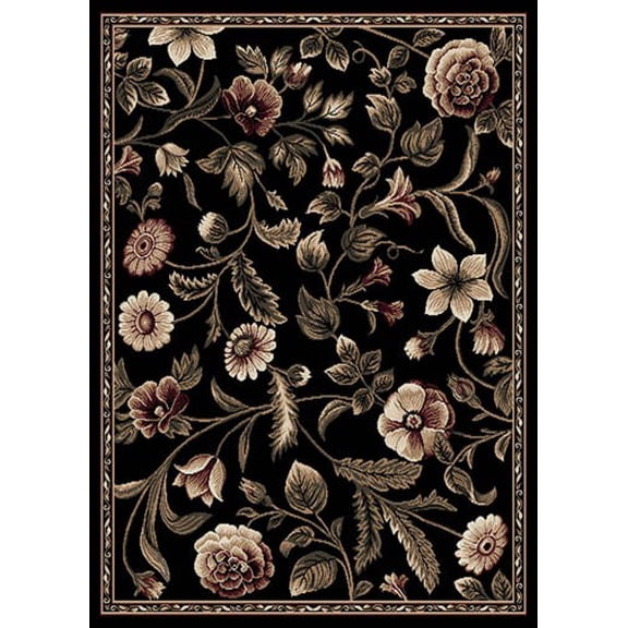 Transitional Area Rug Tropical Black Floral Leaves Vines Bordered Rug - Actual 7' 8" x 10' 4"
