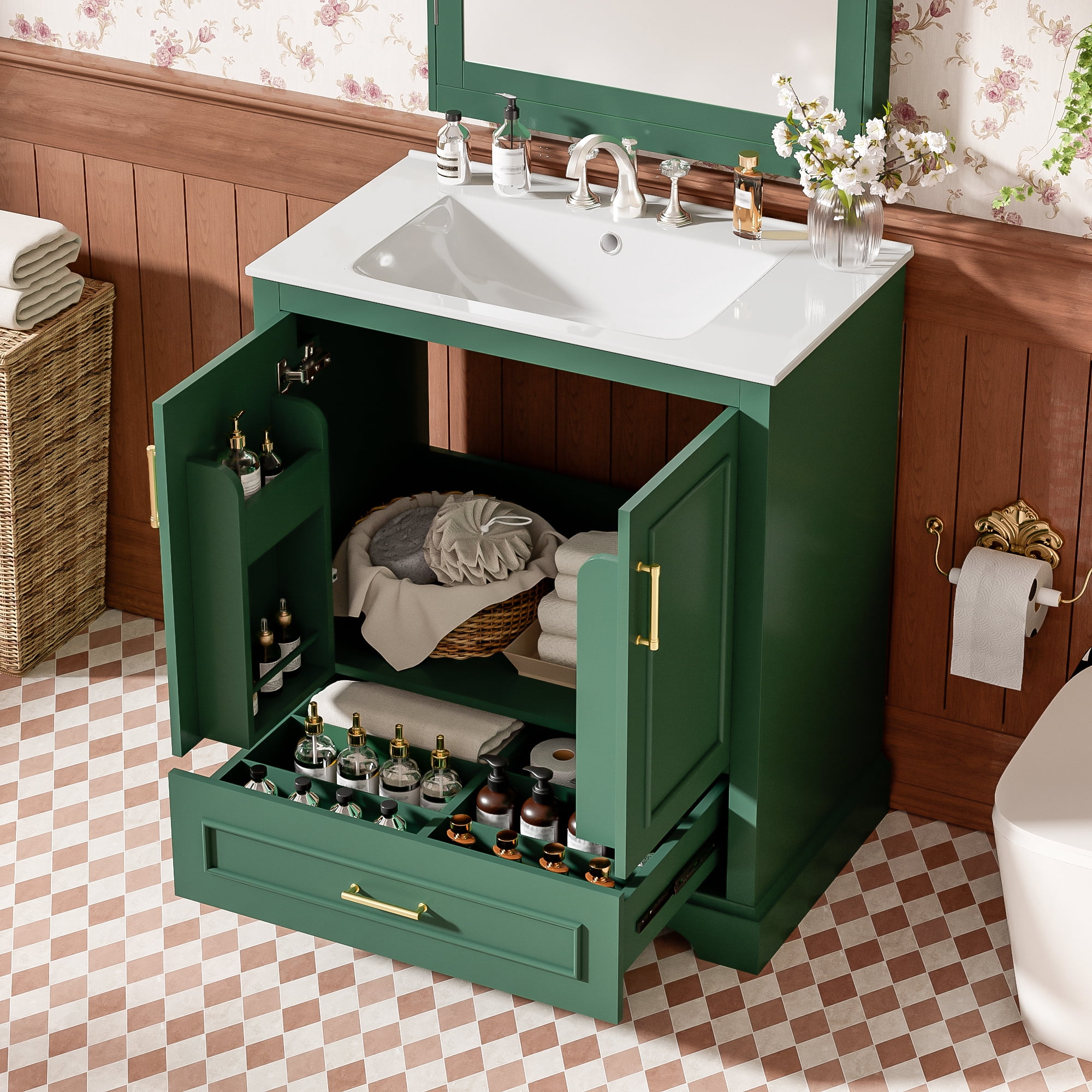 Transitional Bathroom Vanity with Ceramic Sink, 2 Soft Close Doors, Double Shelf Storage and Divider Drawer, Solid Wood Construction, 30 Inch in Green