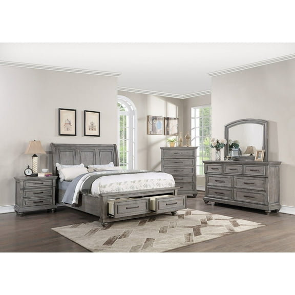 Transitional Beautiful Grey Hue 4pc Bedroom Furniture Cal King Size Bed Drawers FB Dresser Mirror Nightstand Sleigh Oak Veneer
