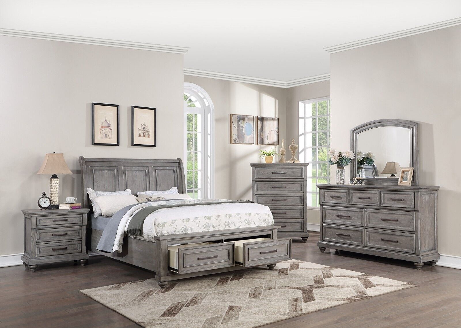 Transitonal Style Gray Solid Wood 4pc Bedroom Set Queen Size Bed Dresser Mirror Nightstand Master Bedroom Furniture