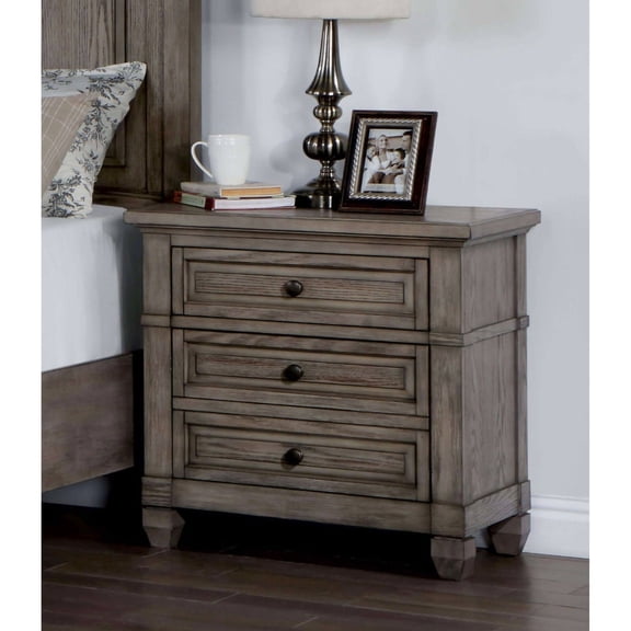 Transitional Bedroom Nightstand In Solid Wood With 3 Drawers, Warm Gray 3 Bedside Table Wood, Wire-brushing