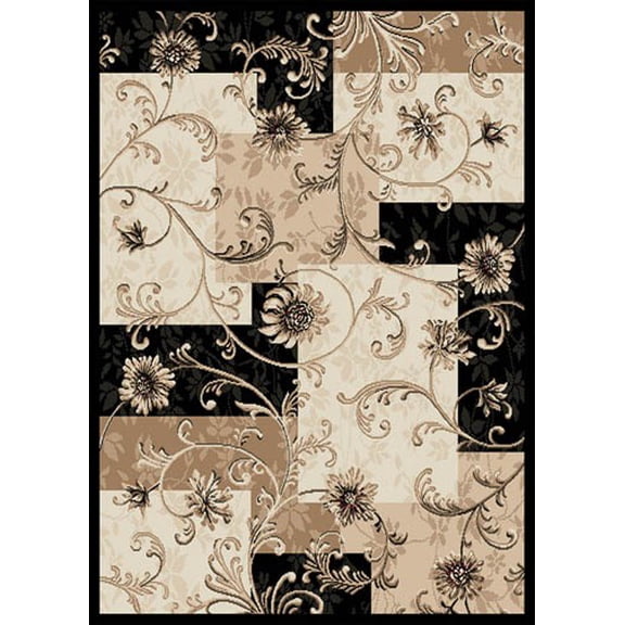Transitional Black Floral Patchwork Panels Vines Area Rug - Actual 1' 9" x 2' 11" Accent Rug