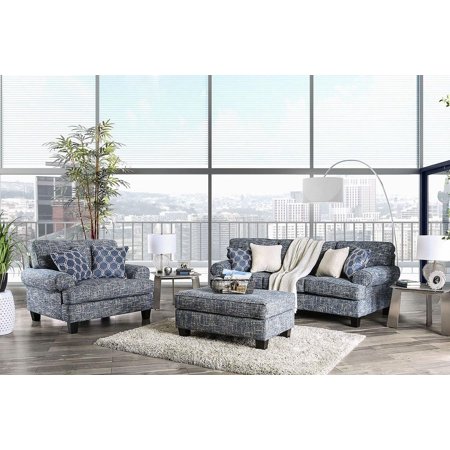 Transitional Blue Burlap Weave Sofa and Oversized Chair FOA Pierpont