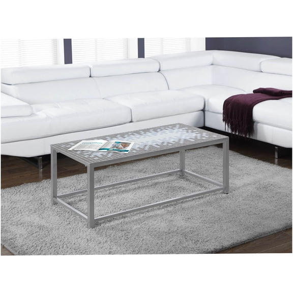 Transitional Blue and Grey Mosaic Coffee Table with Metal Base for Living Room