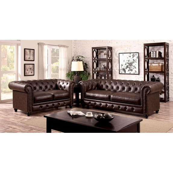 Transitional Brown Leatherette Living Room Set 3pcs FOA Stanford
