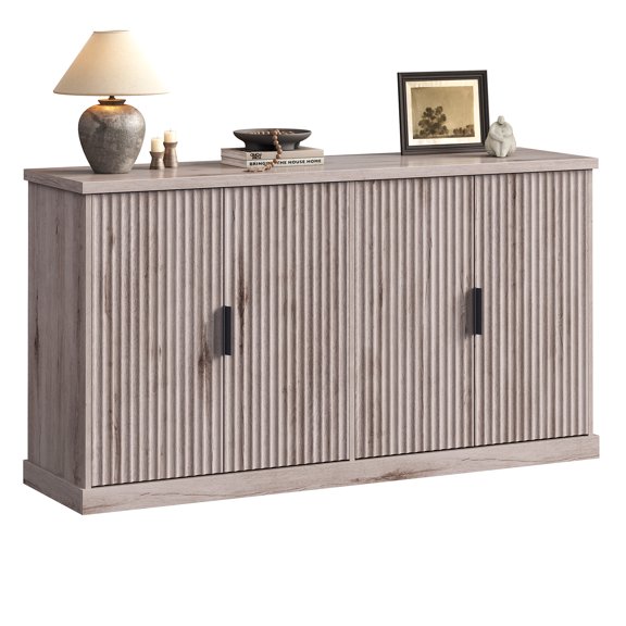 58'' Kitchen Sideboard Buffet Cabinet, 4-Doors 2-Drawers Fluted Storage Cabinet with Adjustable Shelves, Washed Gray