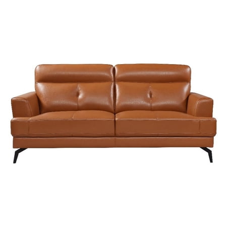 Transitional Camel Brown Top Grain Leather Tufted Back Sofa