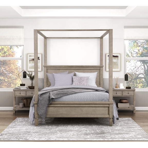 Transitional Canopy Bedroom Set 3pc King Size Platform Bed and 2x Nightstands Wooden Furniture