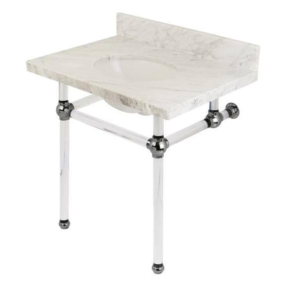 Transitional Carrara Marble Bathroom Console Vanity with Acrylic Pedestal - Carrara Marble & Polished Chrome
