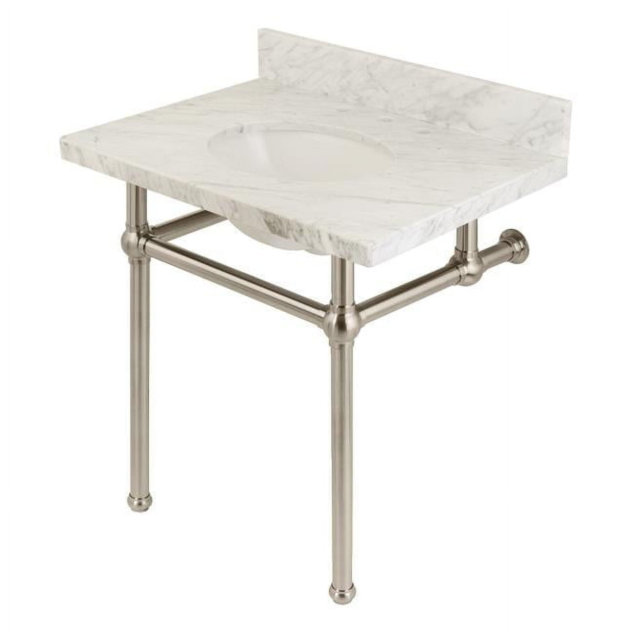 Transitional Carrara Marble Bathroom Console Vanity with Brass Pedestal ...