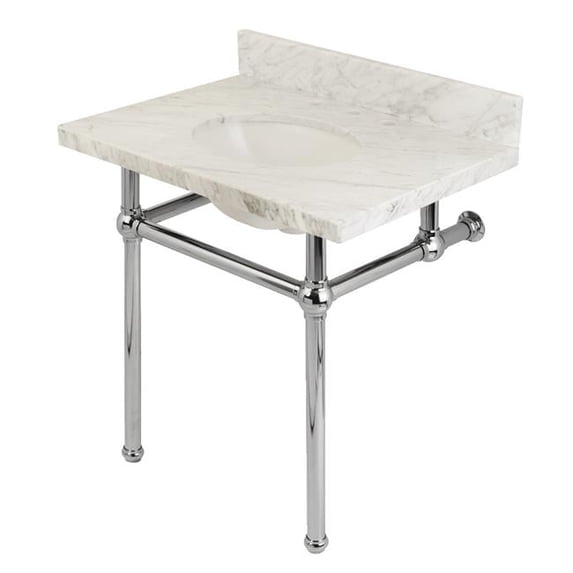 Transitional Carrara Marble Bathroom Console Vanity with Brass Pedestal ...