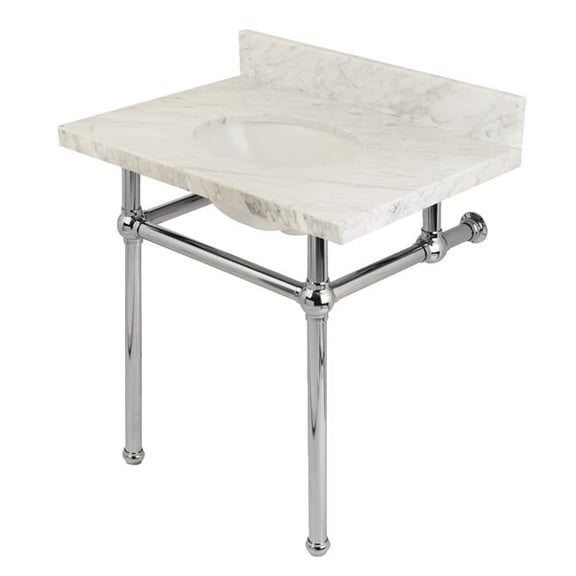 Transitional Carrara Marble Bathroom Console Vanity with Brass Pedestal - Carrara Marble & Polished Chrome