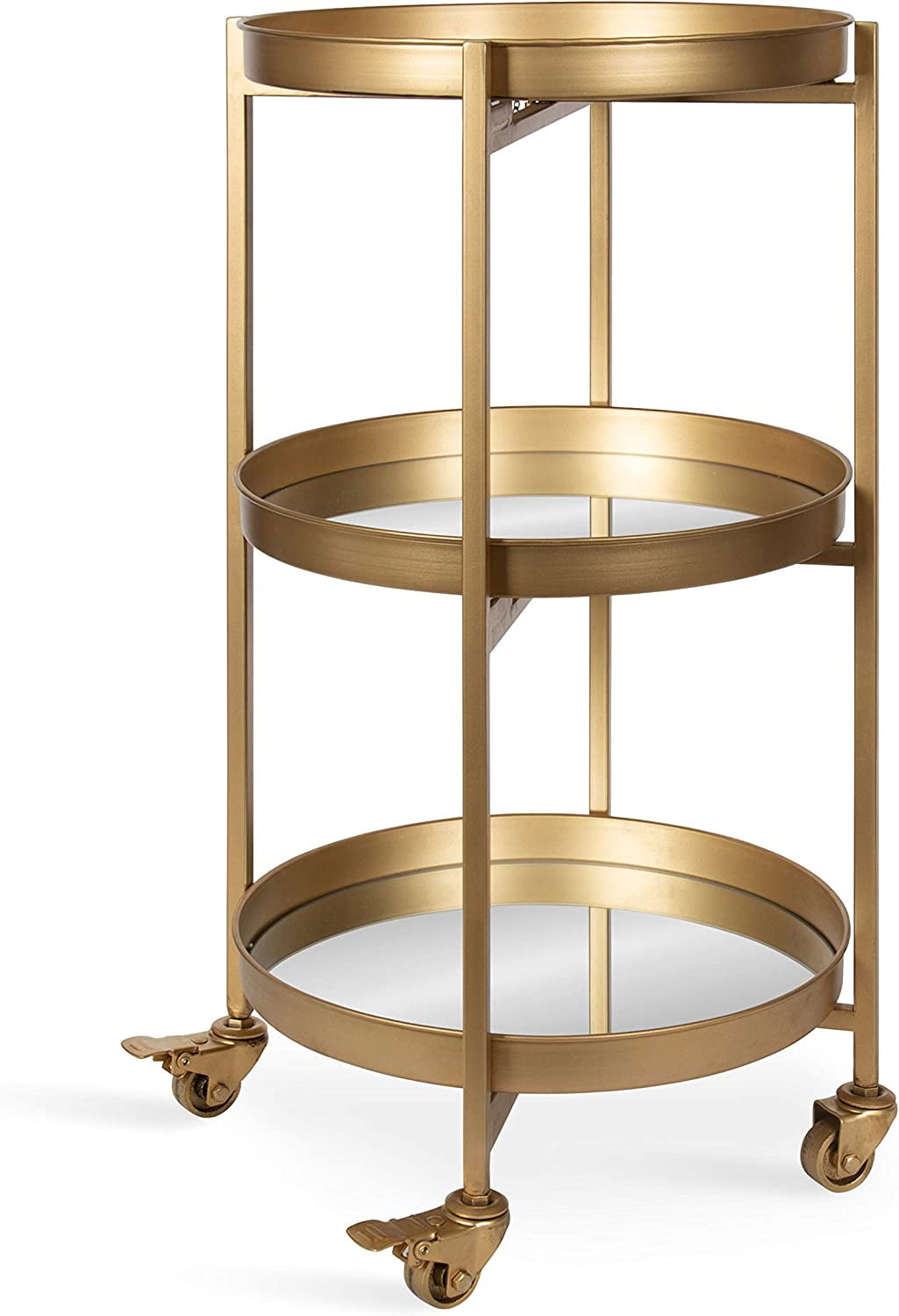 Celia Gold Finish 3-Tier Round Metal Bar Cart with Mirror Trays