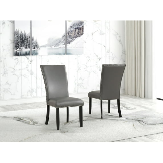 Transitional Chairs Upholstered PU Gray Tufted Nailhead Trim 2pc Set