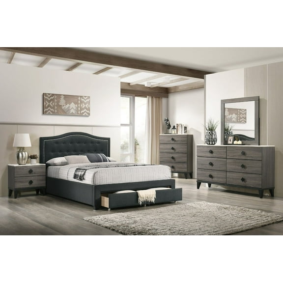 Transitional Charcoal California king Size Bed Dresser Mirror Nightstand 4pc Bedroom Set Tufted Burlap Fabric Storage Bed