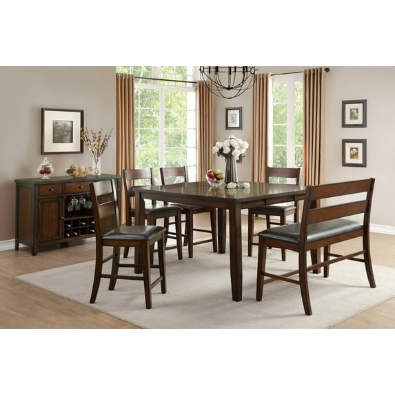 Transitional Cherry Finish 6pc Counter Height Dining Set Table with Extension Leaf Bench 4 High Chairs Classic Style
