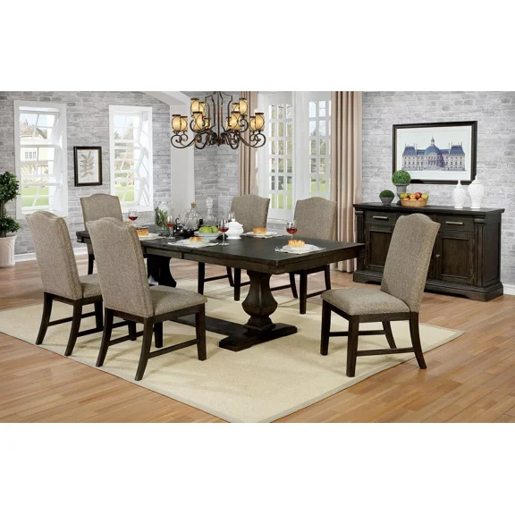 Transitional Classic 7pc Dining Set Espresso Warm Gray Dining Table 7x Side Chairs Dual Pedestal base Kitchen