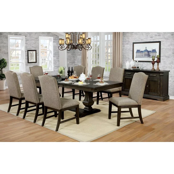 Transitional Classic 9pc Dining Set Espresso Warm Gray Dining Table 8x Side Chairs Dual Pedestal base Kitchen