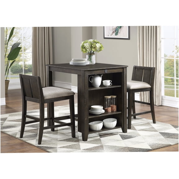 Transitional Counter Height Dining Set with USB Ports, Dark Cherry Finish Table and 2 Fabric Chairs for Kitchen, Breakfast Nook