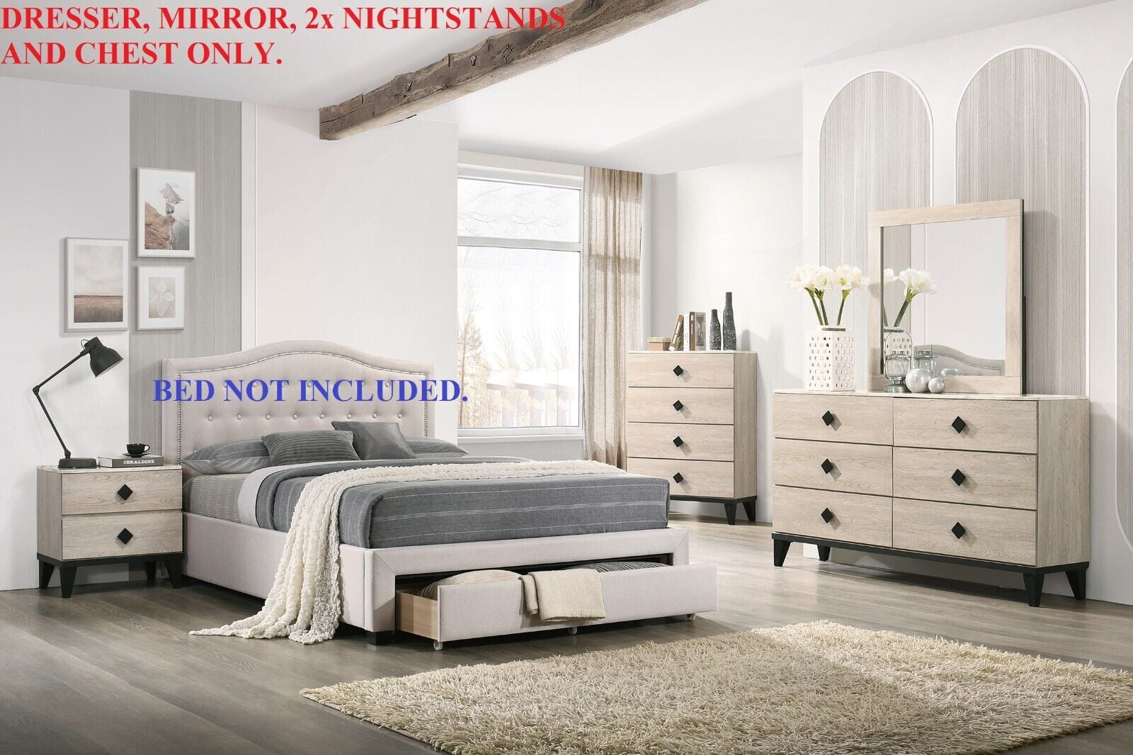Transitional Cream Color Dresser Mirror 2x Nightstands Chest 5pc Bedroom Set Unique Handle pulls Rubberwood Veneer Furniture
