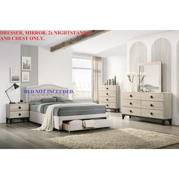 Transitional Cream Color Dresser Mirror 2x Nightstands Chest 5pc Bedroom Set Unique Handle pulls Rubberwood Veneer Furniture