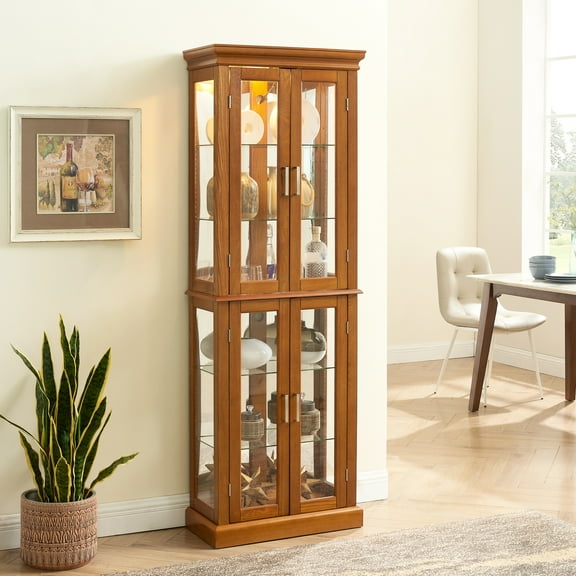 Transitional Display Cabinet With Mirrored Back - 74.95 Lbs Lighted Adjustable Shelves & 4 Hinged Doors Oak