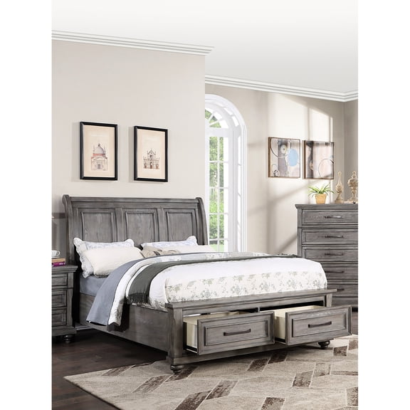 Transitional Eastern King Bedroom Bed With Drawer Underneath, Gray Vintage, Headboard Furniture Underbed Drawer, Antique, Design,