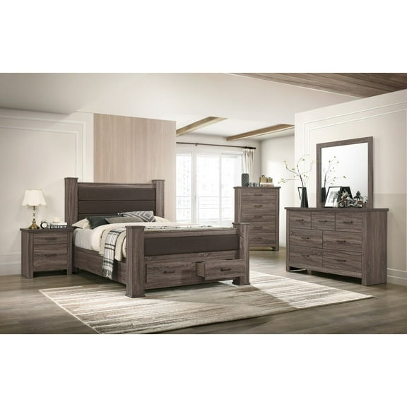 Transitional Elegant Wooden 6pc Bedroom Set Queen Size Bed w Drawers Dresser Mirror 2x Nightstands Chest Bedroom Furniture