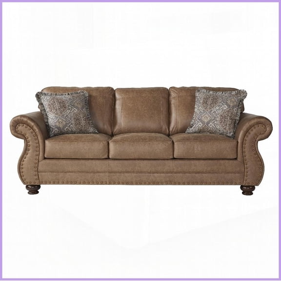 Transitional Ginger Brown Faux Leather Sofa with Antique Bronze Nailheads Rolled Arms for Living Room
