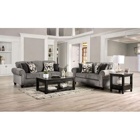 Transitional Graphite Chenille Sofa and Loveseat FOA Delgada