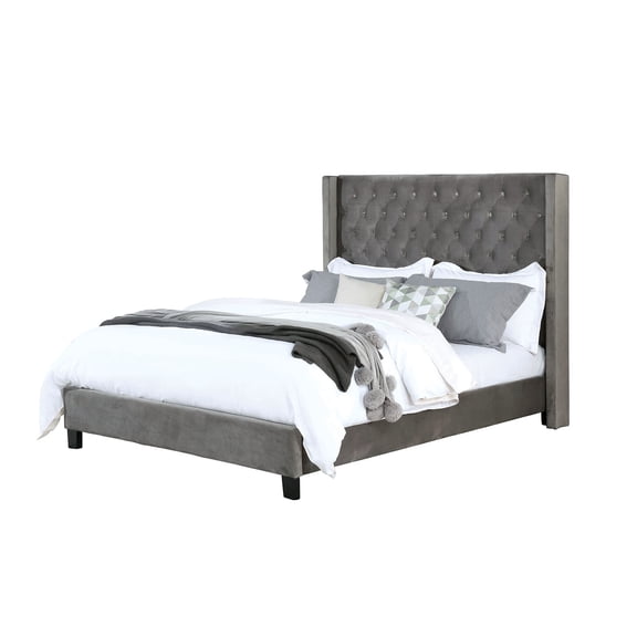 Transitional Gray 1pc Est King Size Bed Upholstered Frame Fabric Tufted HB Bedroom Wingback Design