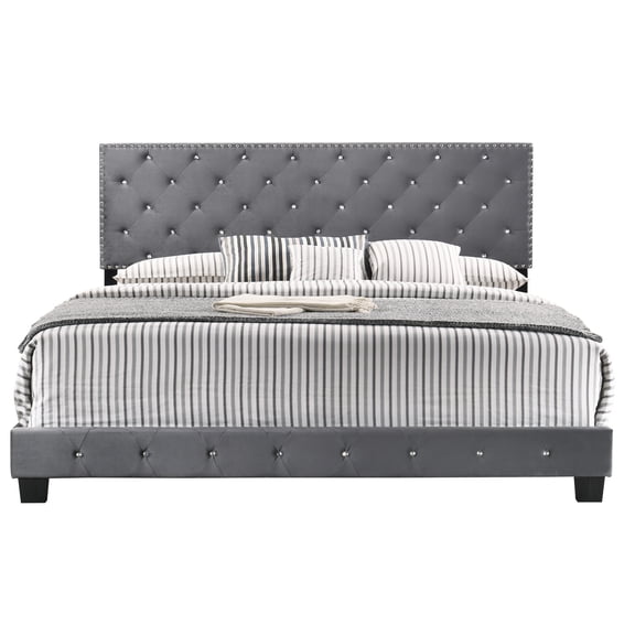 Transitional Gray Velvet King Bed Frame with Foam Filler - 80"W x 83"D - Modern Bedroom Furniture - Durable, Stylish, Easy Assembly - Perfect for Any Home