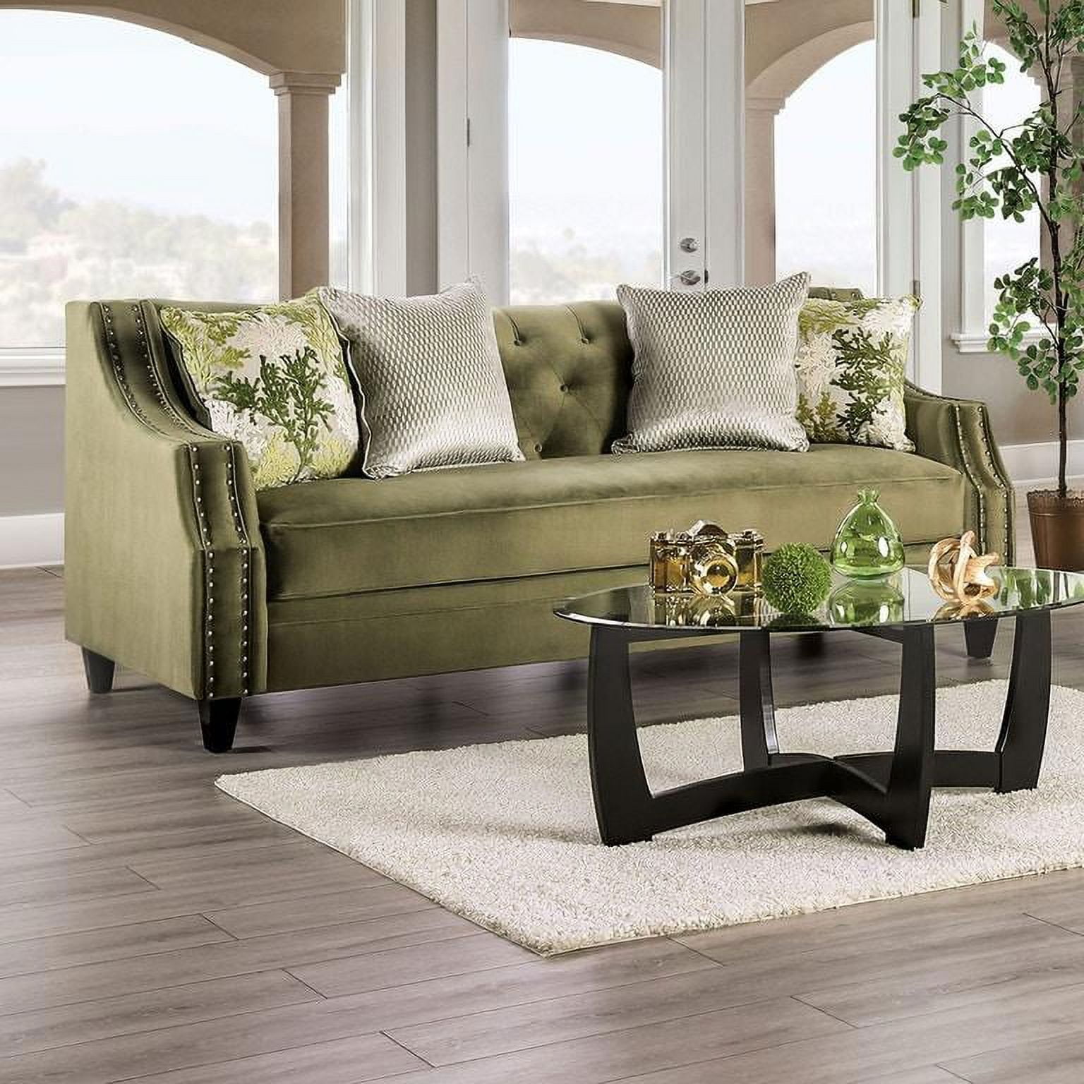 Kaye 93'' Green Tufted Microfiber Sofa with Nailhead Trim
